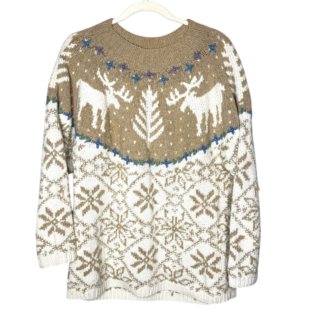 Knitted By Hand Womens Chunky Knit Sweater Moose Fair Isle Cabin Ski Winter